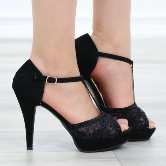 Velvet Platform T Strap Heeled Sandals Transparent Lace - Picture 3 of 9